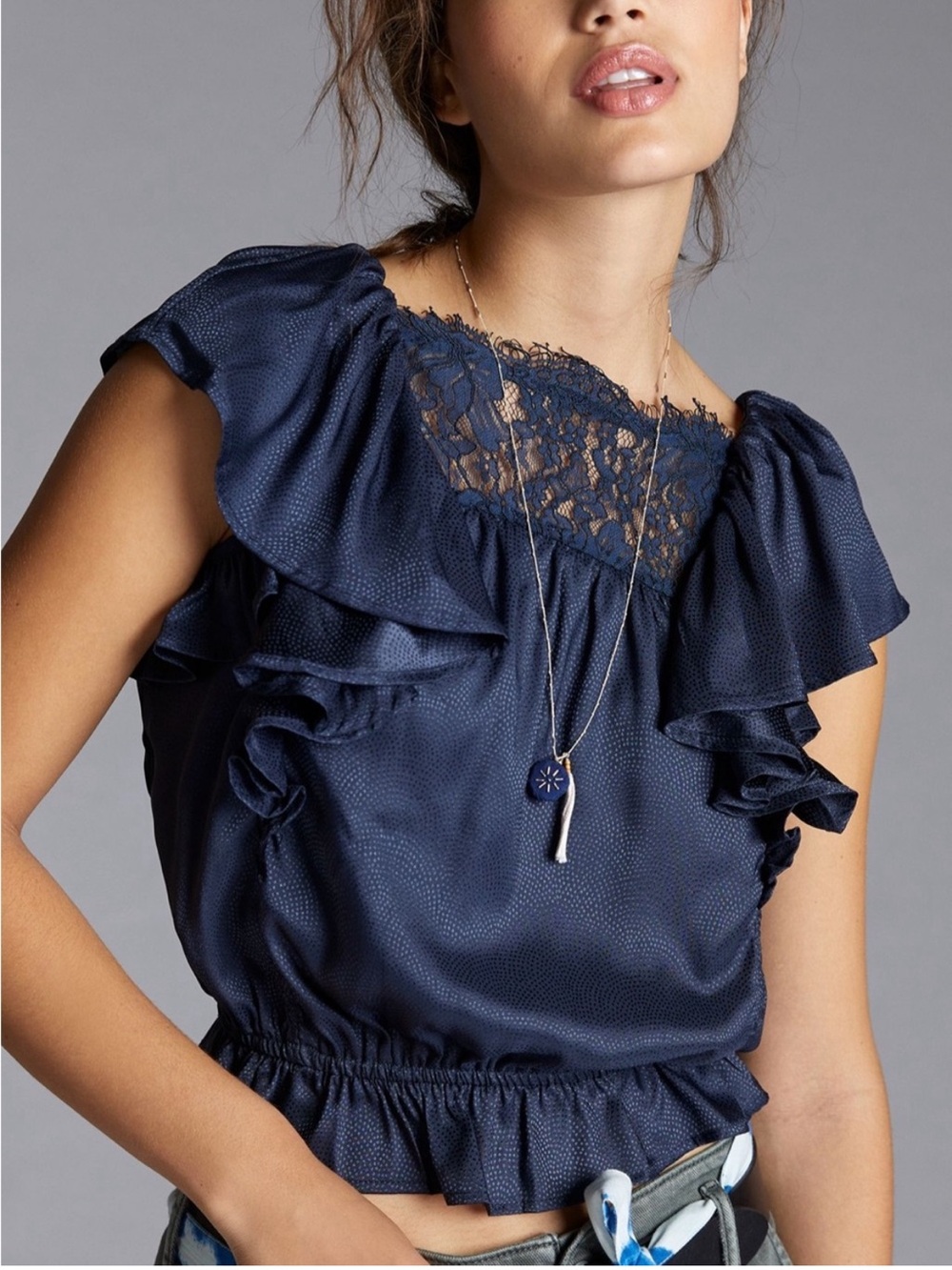 Anthropologie Porridge blue satin ruffle lace blouse womens M